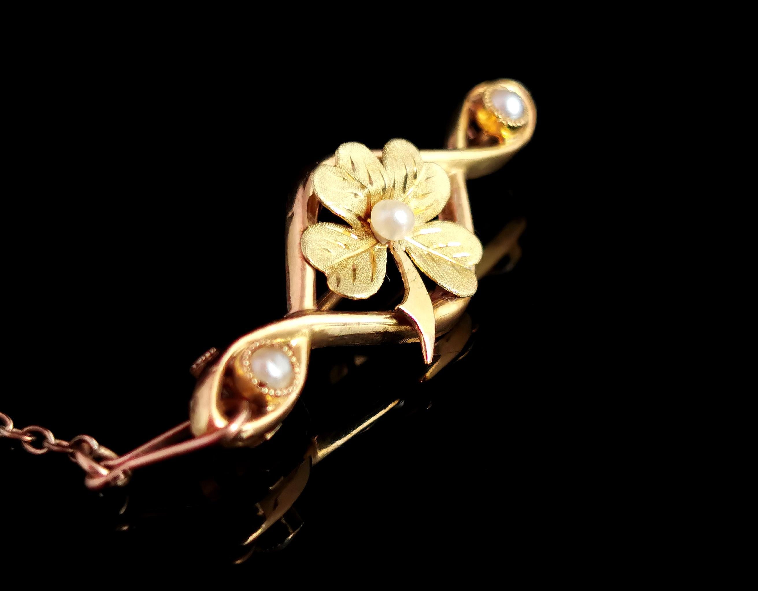 Antike Lucky Clover, Shamrock-Brosche, 9k Gold und Saatperlen (Edwardian)