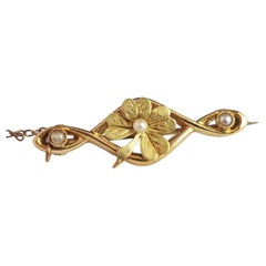 Antique Lucky Clover, Shamrock Brooch, 9k Gold and Seed Pearl