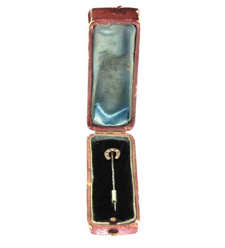 Edwardian Antique Lucky Horse Shoe Stick Pin in 9 K Hallmarked 1918, Original Fitted Box For Sale