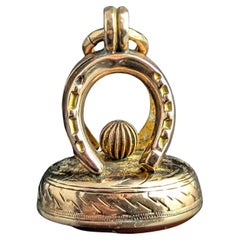 Antique Lucky horseshoe seal fob pendant, 9k gold, Carnelian