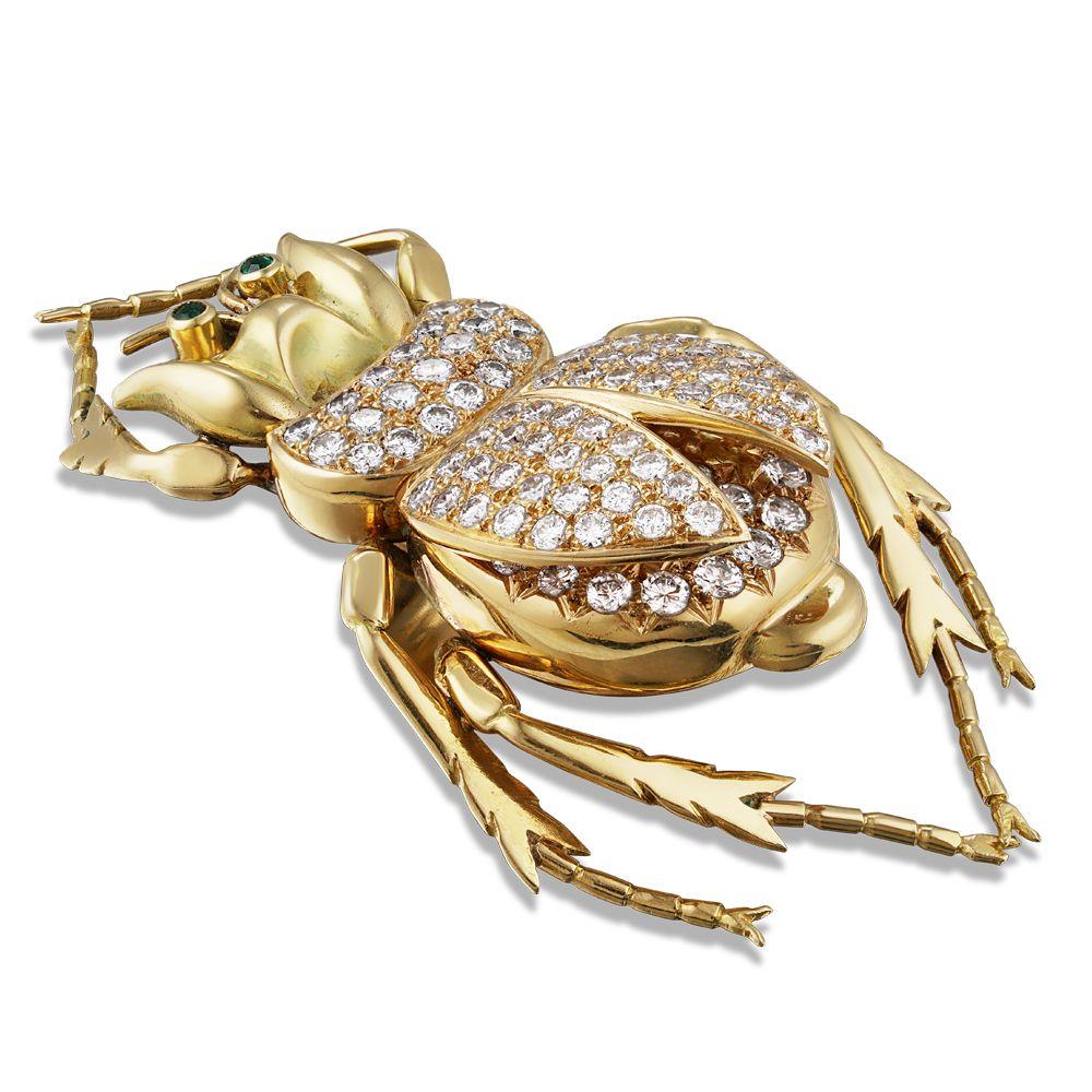 Mixed Cut Antique Lucky Scarab Diamond 18 Karat Gold Beetle Brooch Pin Estate Fine Jewelry For Sale