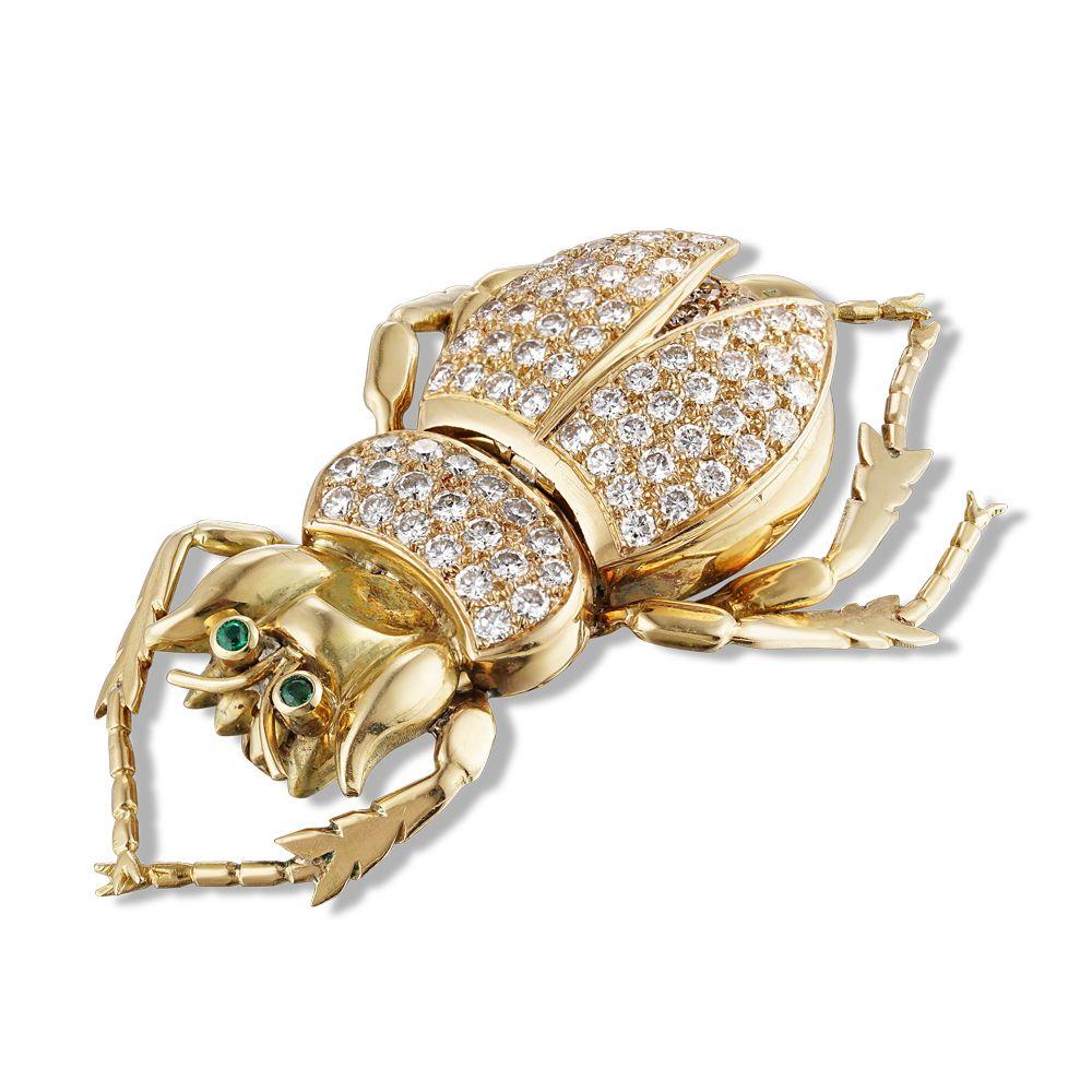 Antique Lucky Scarab Diamond 18 Karat Gold Beetle Brooch Pin Estate Fine Jewelry In Good Condition For Sale In Montreal, QC