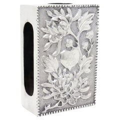 Antique Luen Wo Chinese Export Silver Matchbox Cover with Chrysanthemums