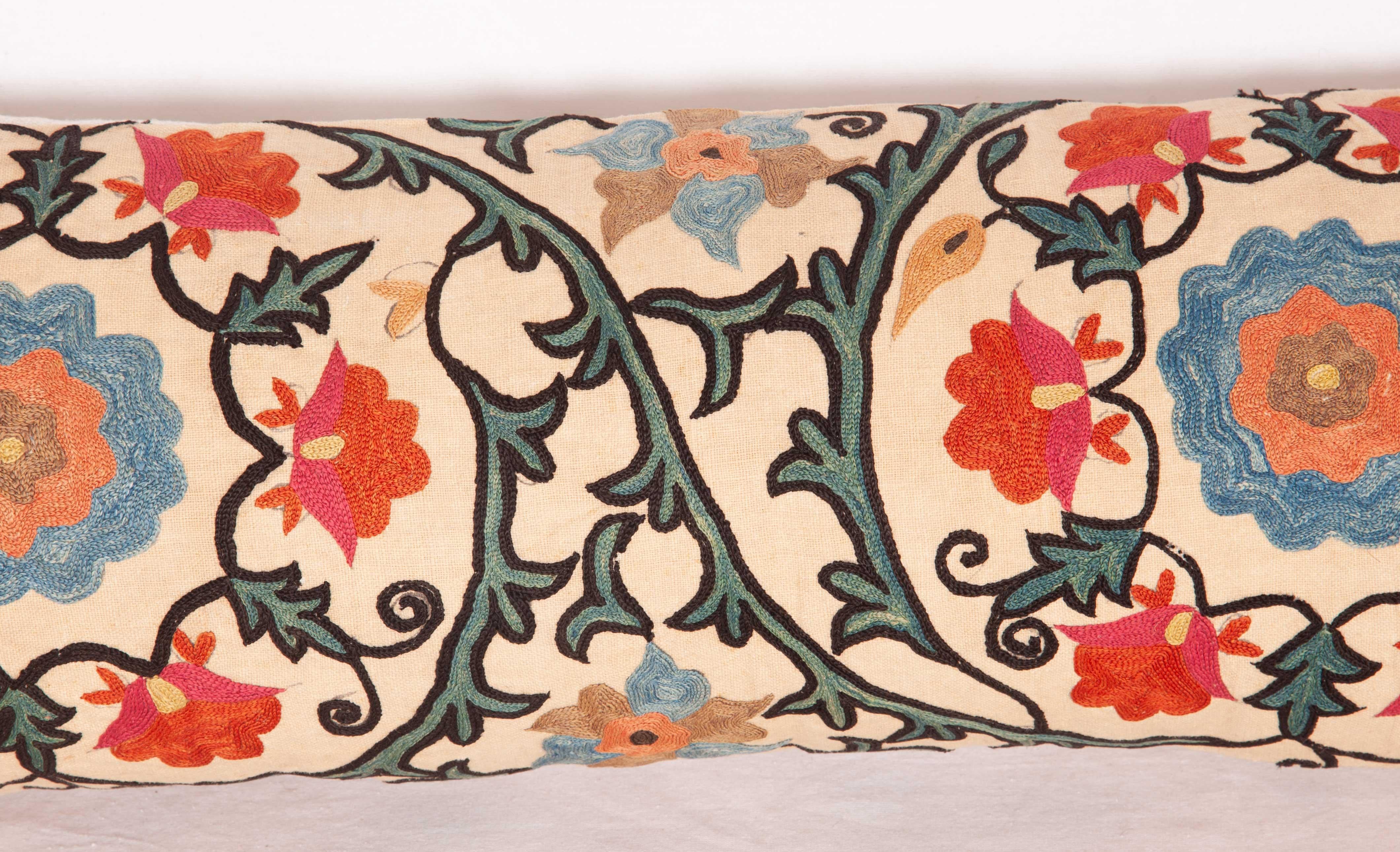 Embroidered Antique Lumbar Pillow Case Fashioned from a 19th Century Bukhara Suzani