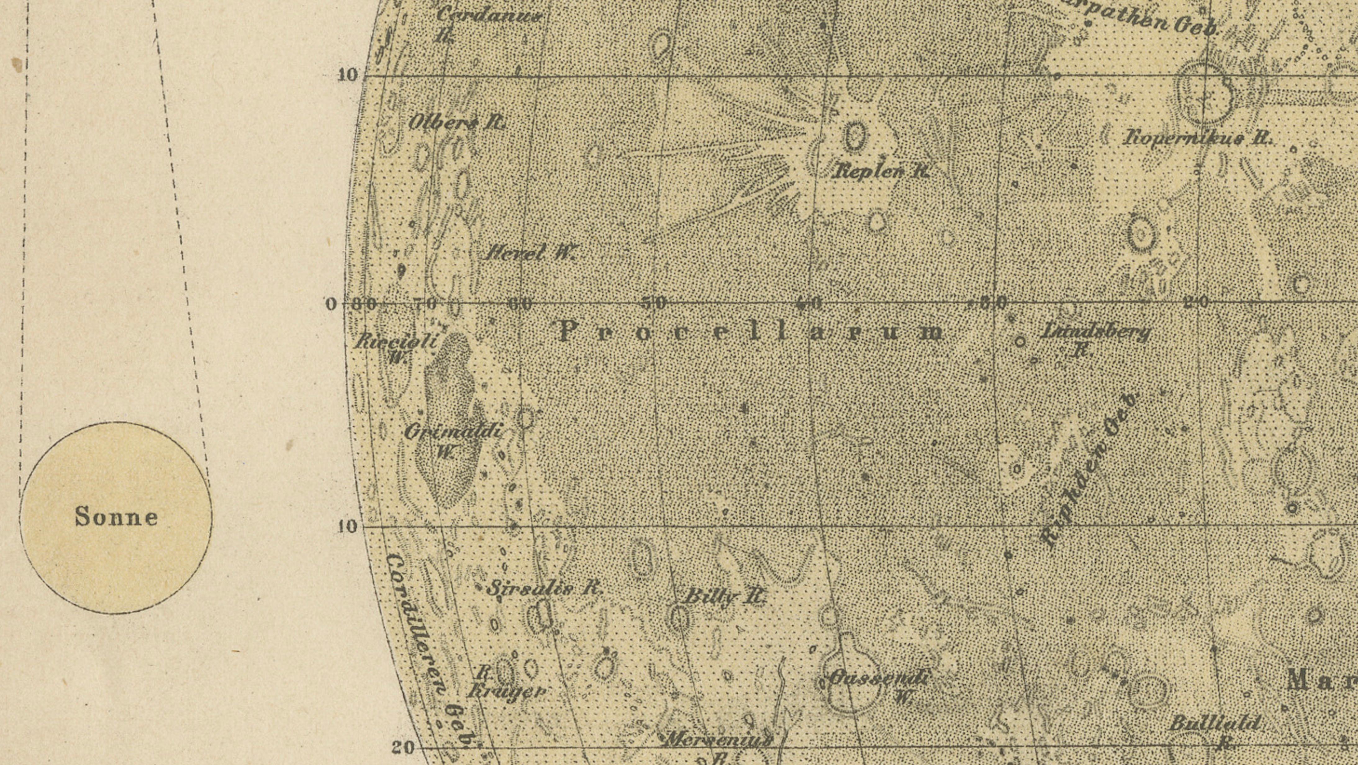 Antique Lunar Map “Der Mond”, German Scientific Chart Meyers Leipzig c.1900
