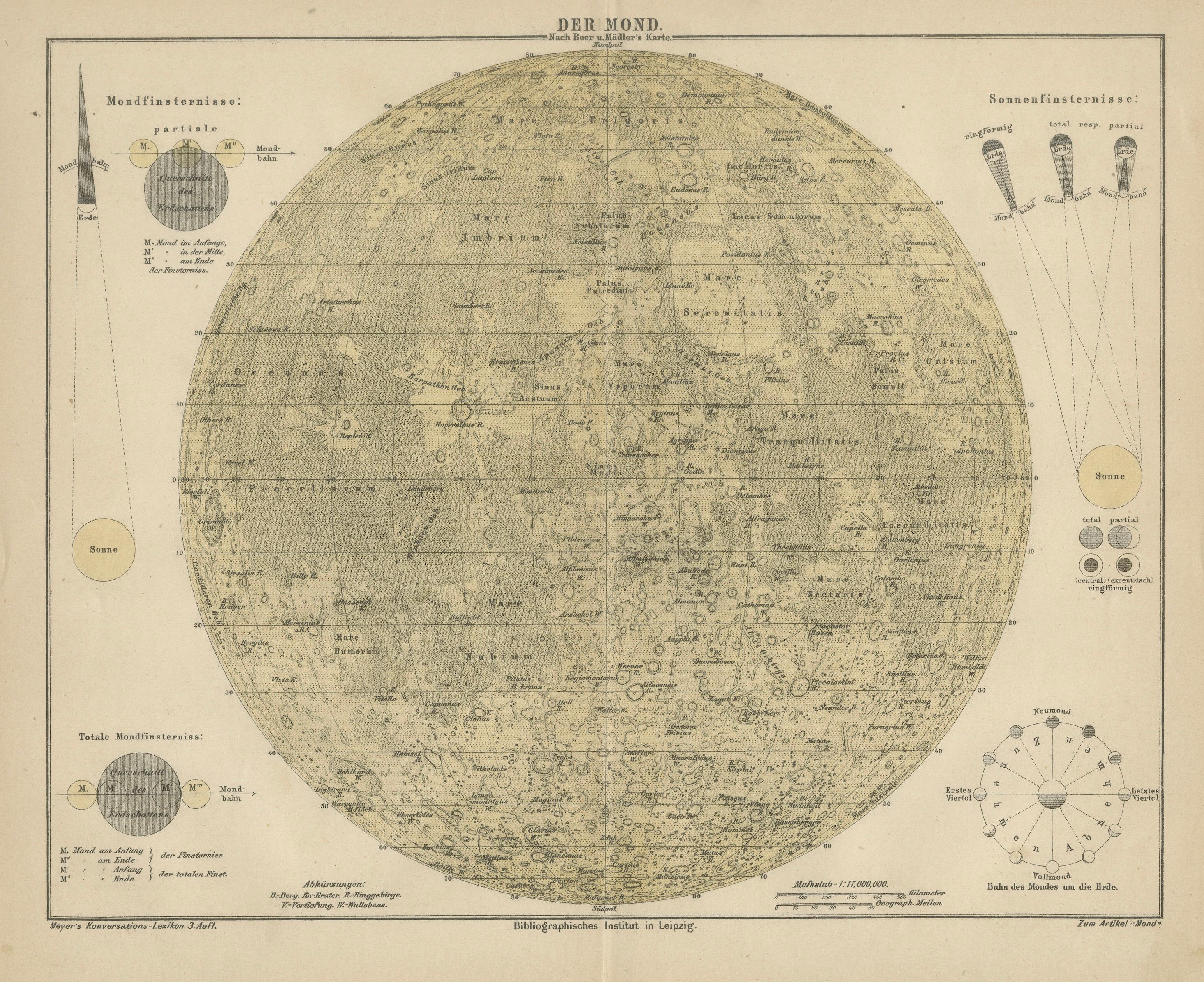 Antique Lunar Map “Der Mond”, German Scientific Chart Meyers Leipzig c.1900