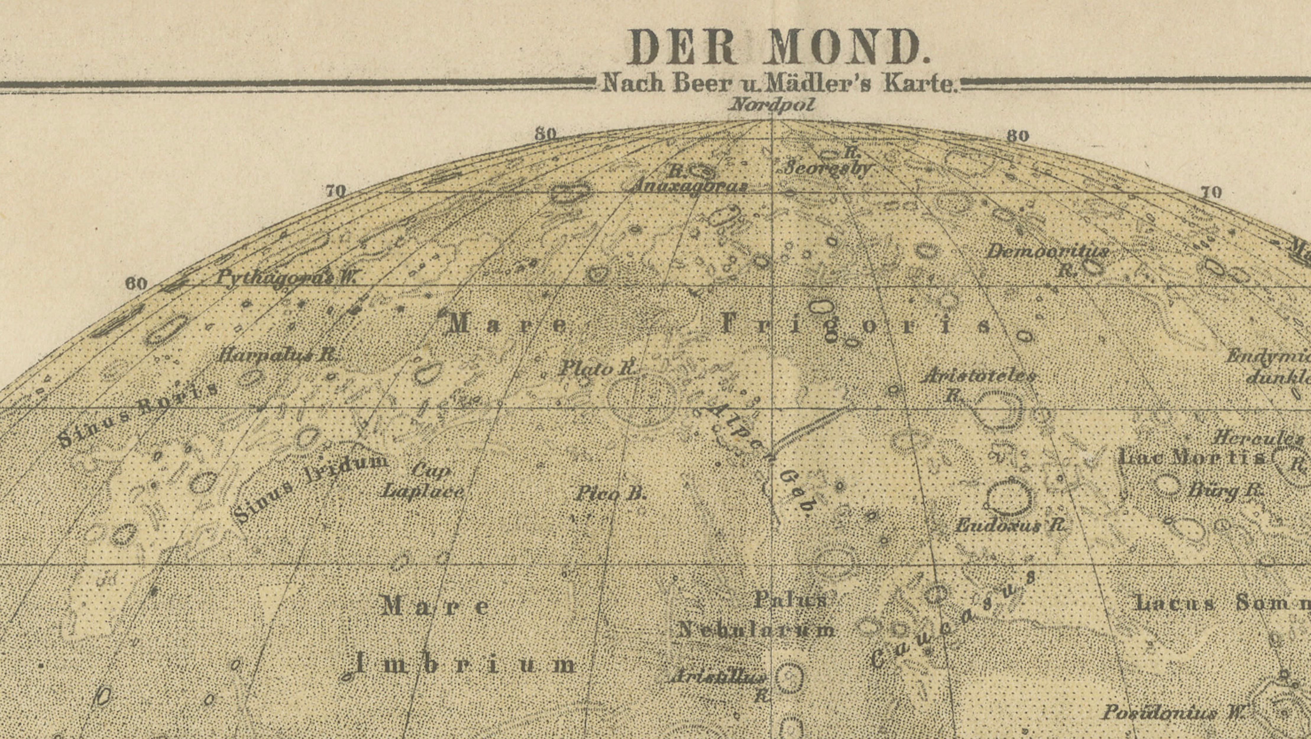 Antique Lunar Map “Der Mond”, German Scientific Chart Meyers Leipzig c.1900