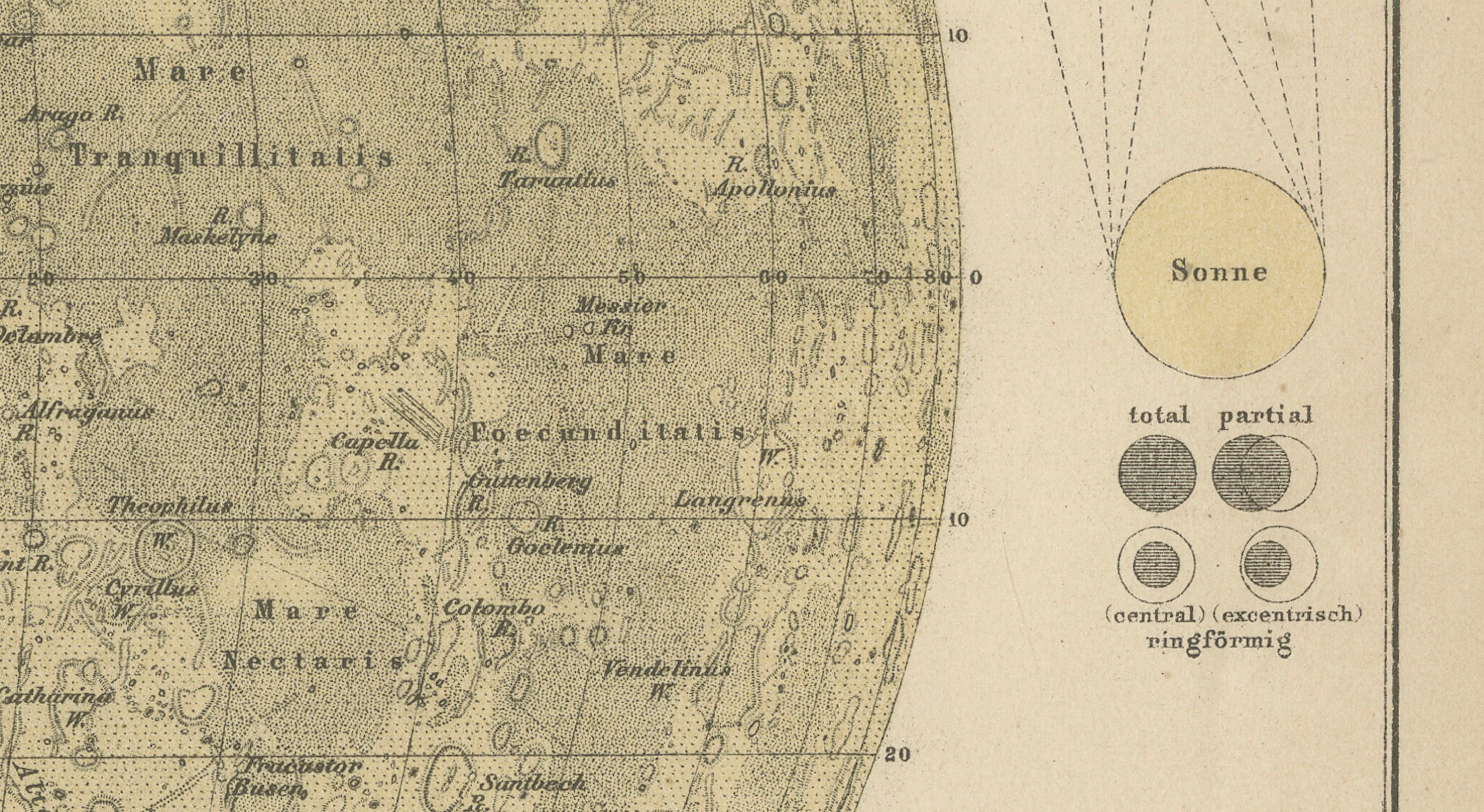 Antique Lunar Map “Der Mond”, German Scientific Chart Meyers Leipzig c.1900