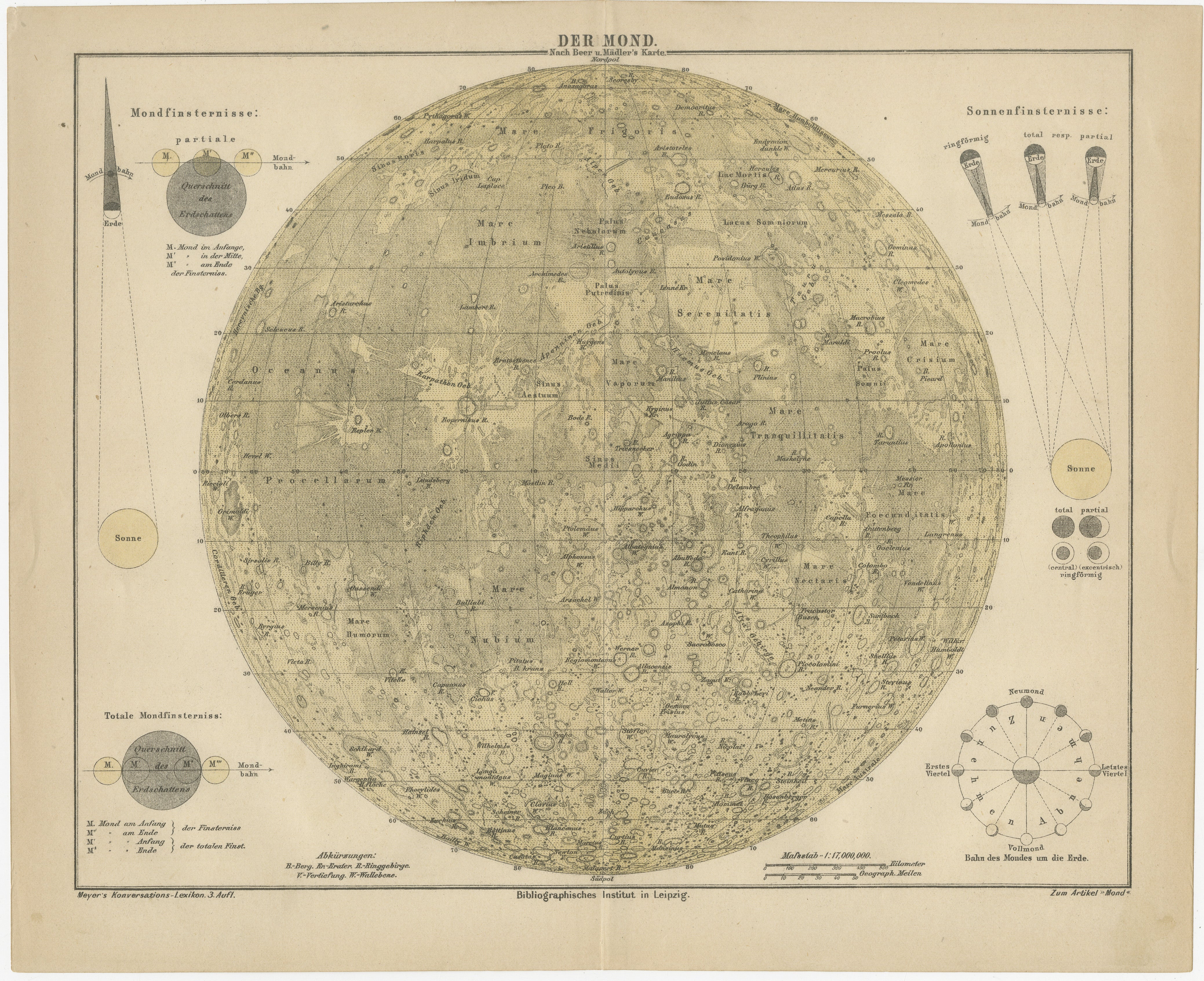 Antike Mondkarte "Der Mond", deutsche wissenschaftliche Karte Meyers Leipzig um 1900