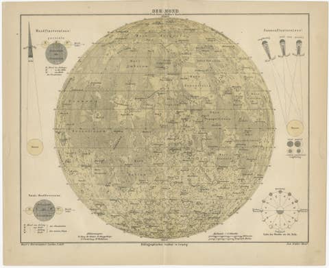 Antique Lunar Map “Der Mond”, German Scientific Chart Meyers Leipzig c.1900