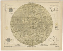 Ancienne carte lunaire "Der Mond", carte scientifique allemande Meyers Leipzig c.1900