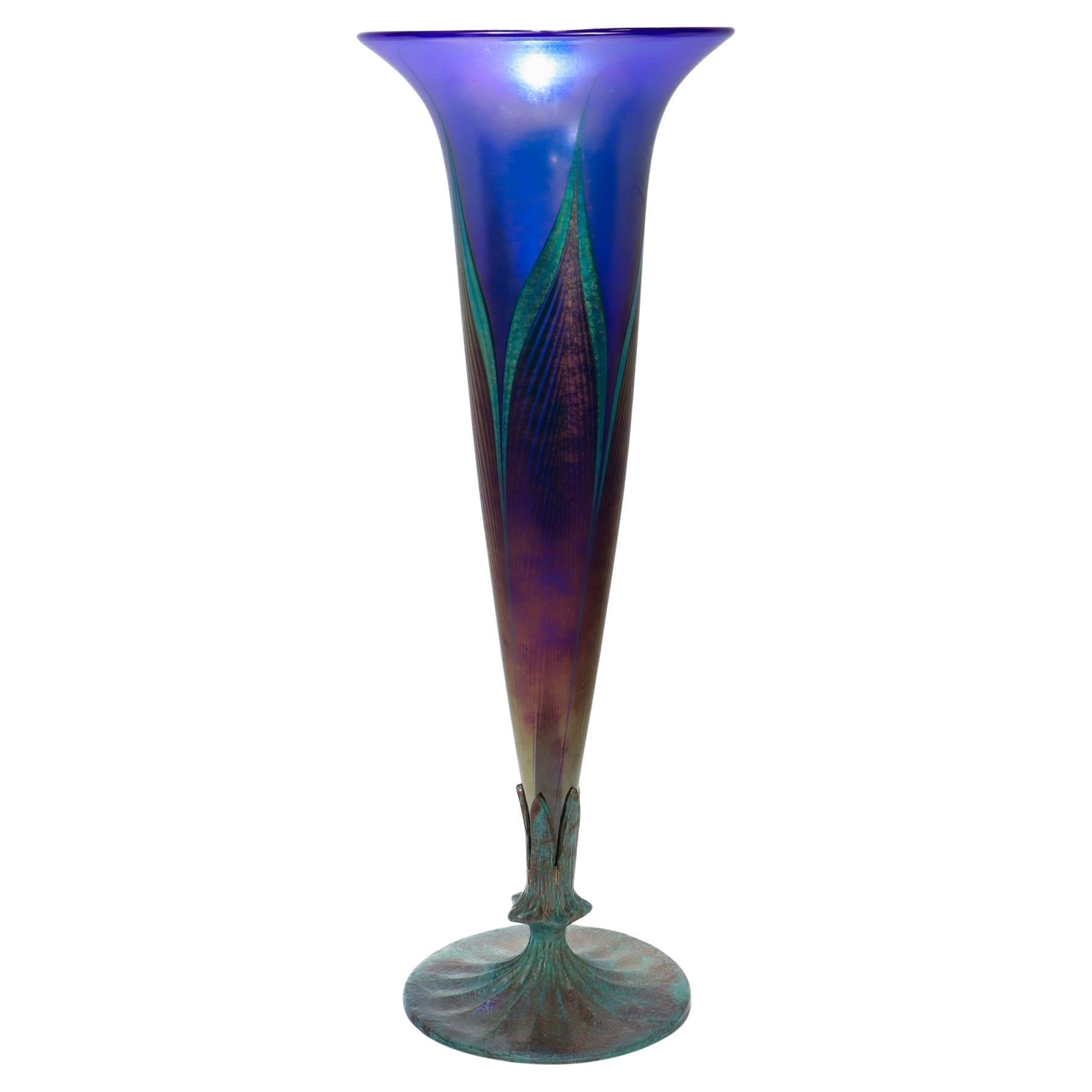 Antique Lundberg Studios Art Glass Pulled Feather Copper Mounted Trumpet Vase