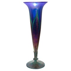 Antique Lundberg Studios Art Glass Pulled Feather Copper Mounted Trumpet Vase