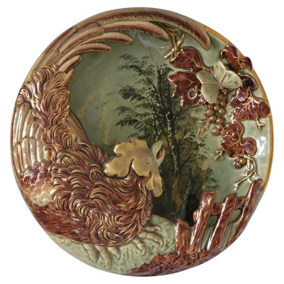 Antique Lunéville French Green Brown Gold Majolica Butterfly Wall Pocket Vase en vente