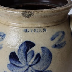 Antique Lyons 2 Gallon Stoneware Crock With Blue Floral Pattern c1870