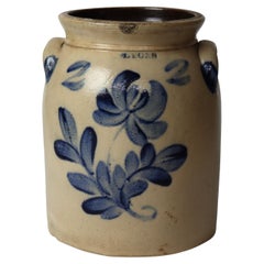 Antique Lyons 2 Gallon Stoneware Crock With Blue Floral Pattern c1870