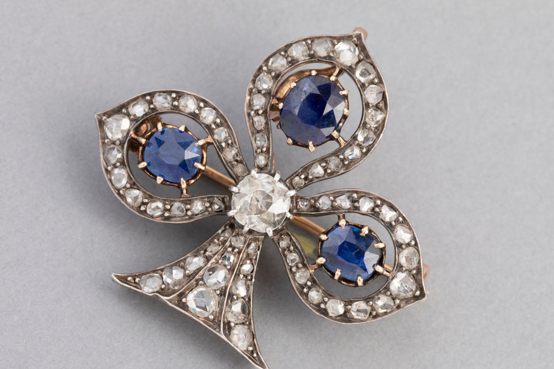 Women's Antique Lys Flower Victorian Brooch, Diamonds and Sapphires For Sale