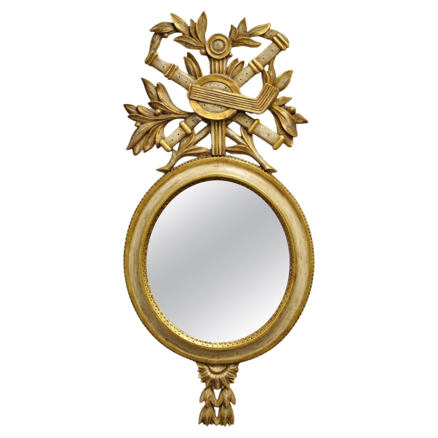 Antique M. Grieve Co Italian Carved Wood Gold Louis XVI Style Round Wall Mirror For Sale