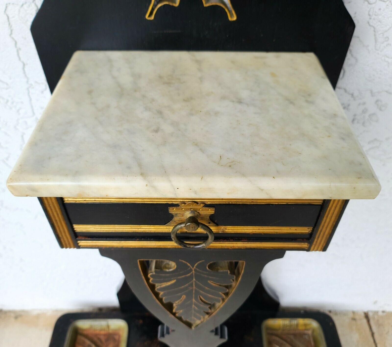 Antique M & H Solid Wood Hall Tree with Marble Top, Brass, and Drawer 1