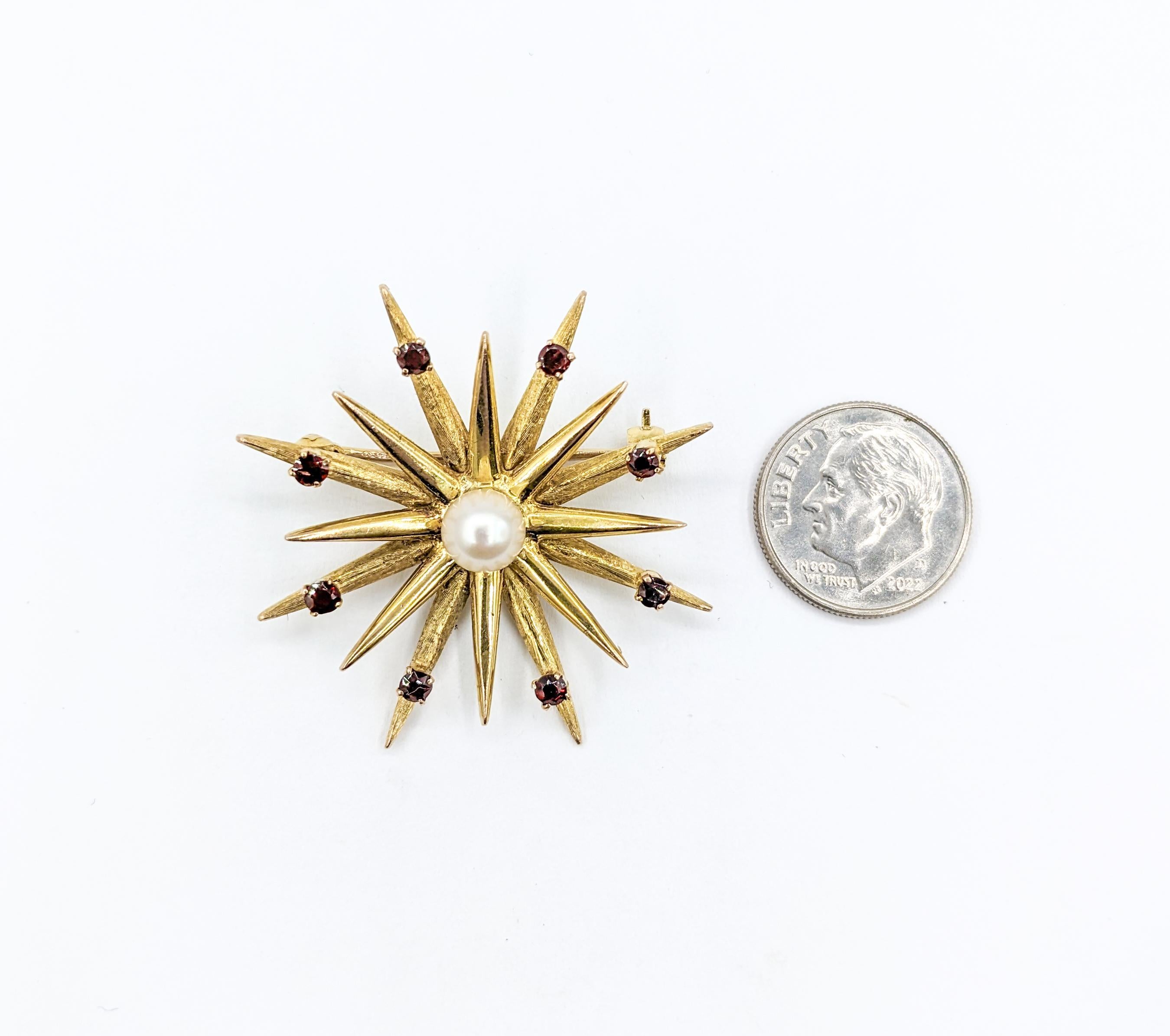 Antique 9kt Macedonian Star, Akoya & Garnet Pin Brooch

This star symbol with sixteen rays is the national Macedonian royal symbol of Phillip of Macedon, Alexander the Great, and the ancient Macedonian Empire. It is also known as the Macedonian