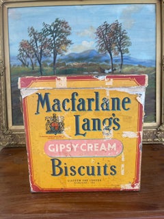 Ancienne boîte à biscuits en fer blanc Macfarlane Lang's Gipsy Cream, début du 20e siècle.