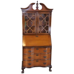 Vintage Maddox Walnut Serpentine Secretary Desk Chippendale Bookcase Oxbow