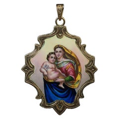 Antique Madonna and Child Enameled Gold Pendant