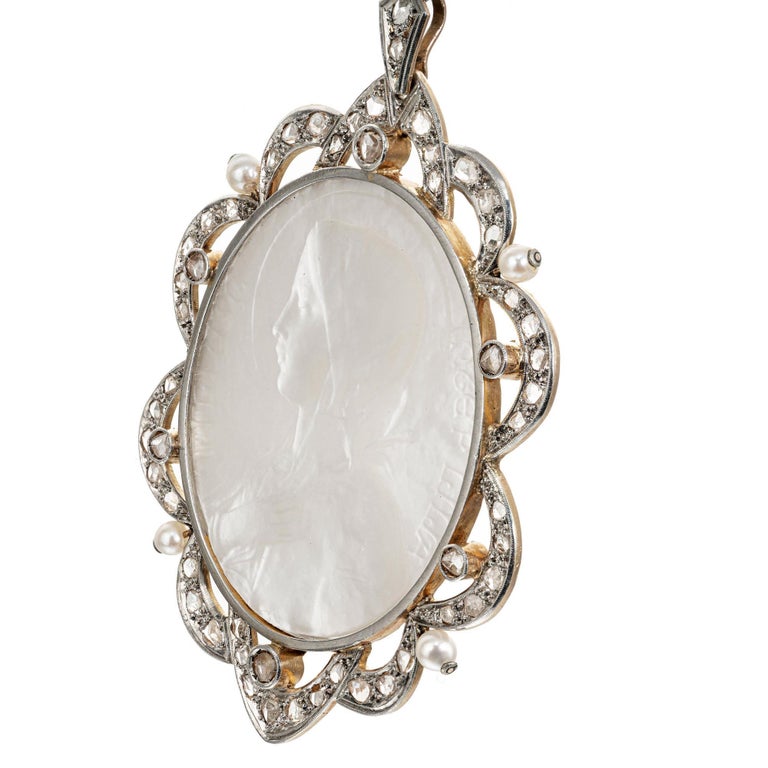 Antique Madonna Mother of Pearl Diamond Platinum Pendant Necklace For ...