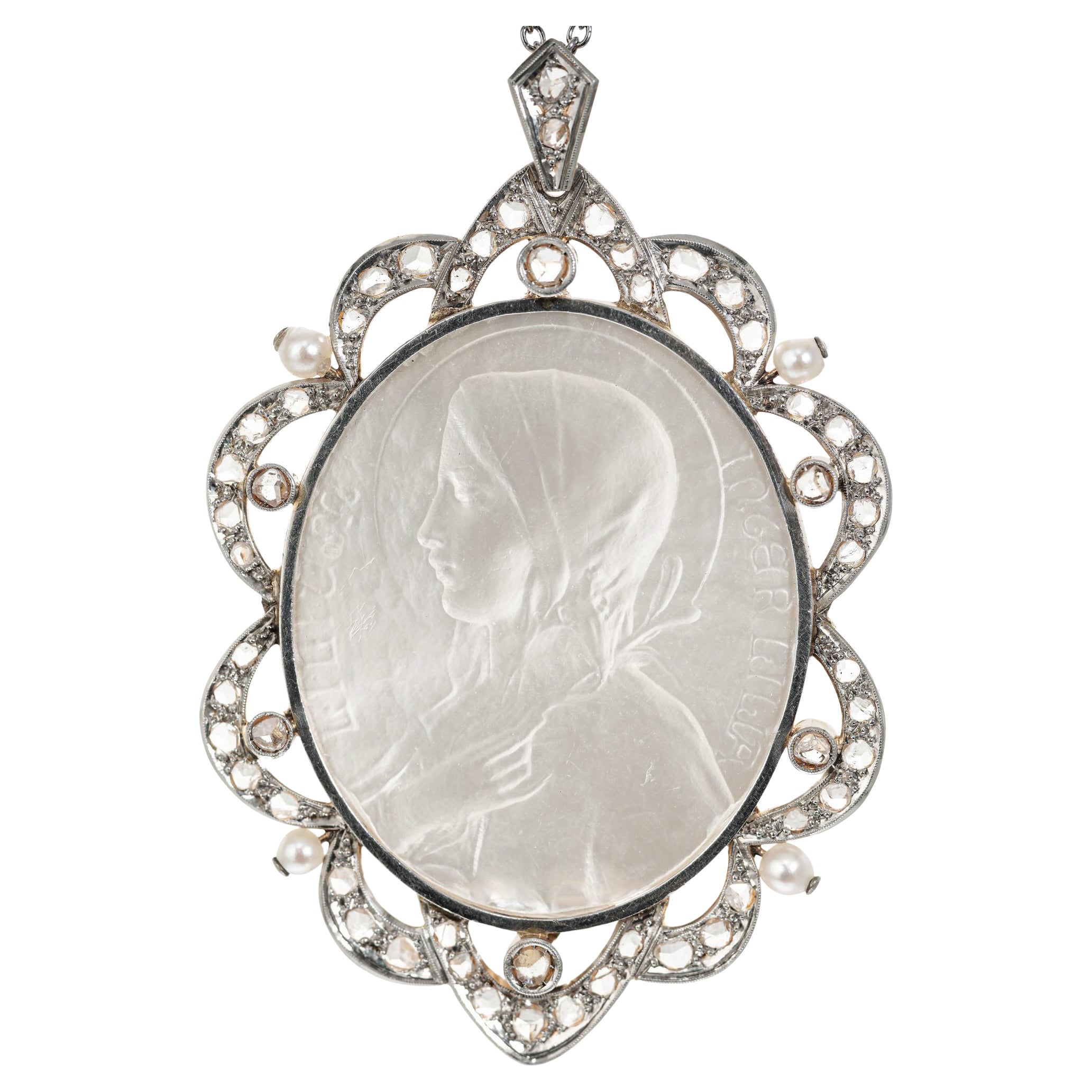 Collar Colgante Antiguo Madonna Madreperla Diamante Platino