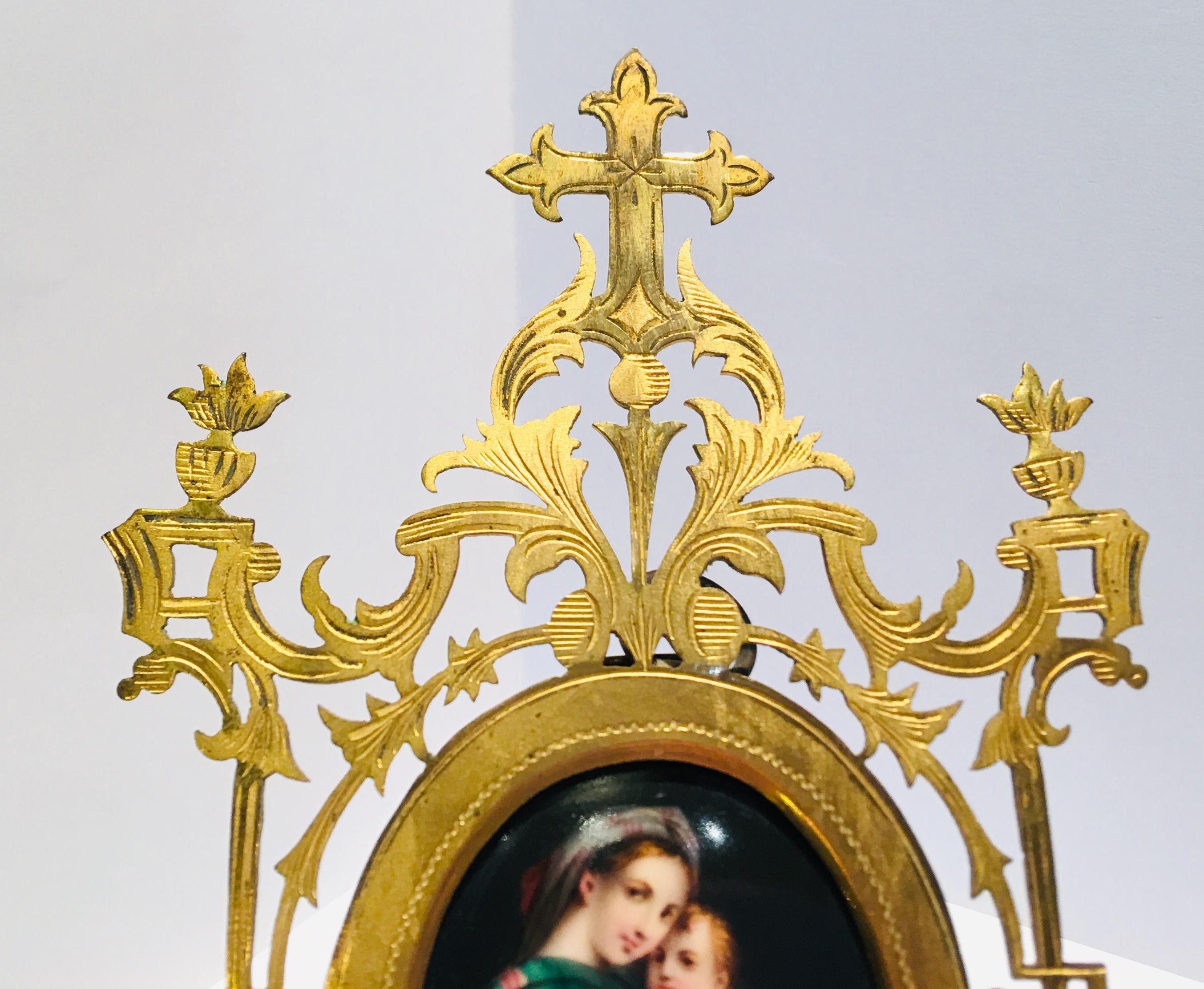 Antique Madonna of the Chair Miniature Painting on Porcelain in Gilt Metal Frame (Vergoldet)