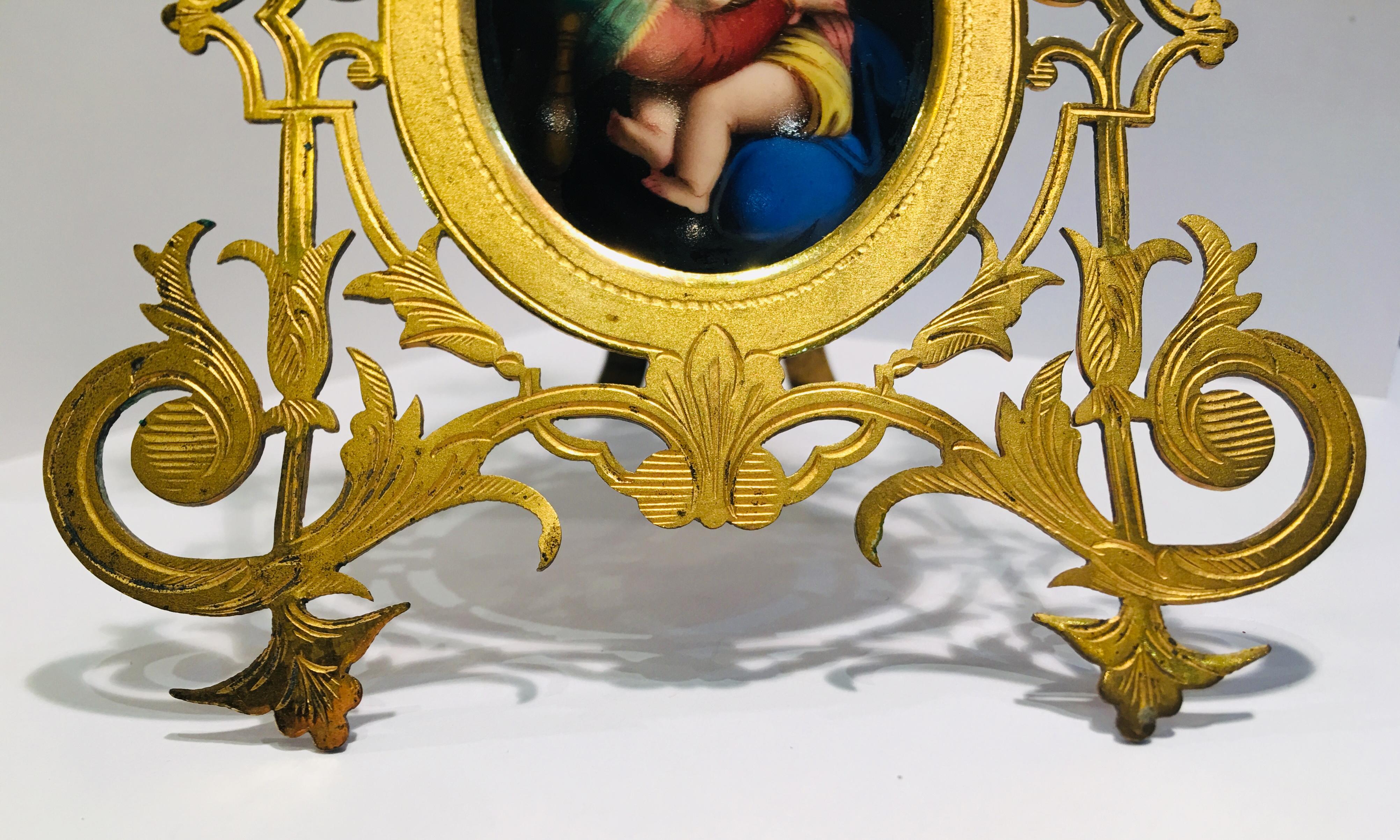 Antique Madonna of the Chair Miniature Painting on Porcelain in Gilt Metal Frame In Good Condition In Tustin, CA