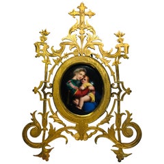 Antique Madonna of the Chair Miniature Painting on Porcelain in Gilt Metal Frame