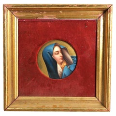 Antico dipinto di Madonna su porcellana con cornice in legno dorato, circa 1890