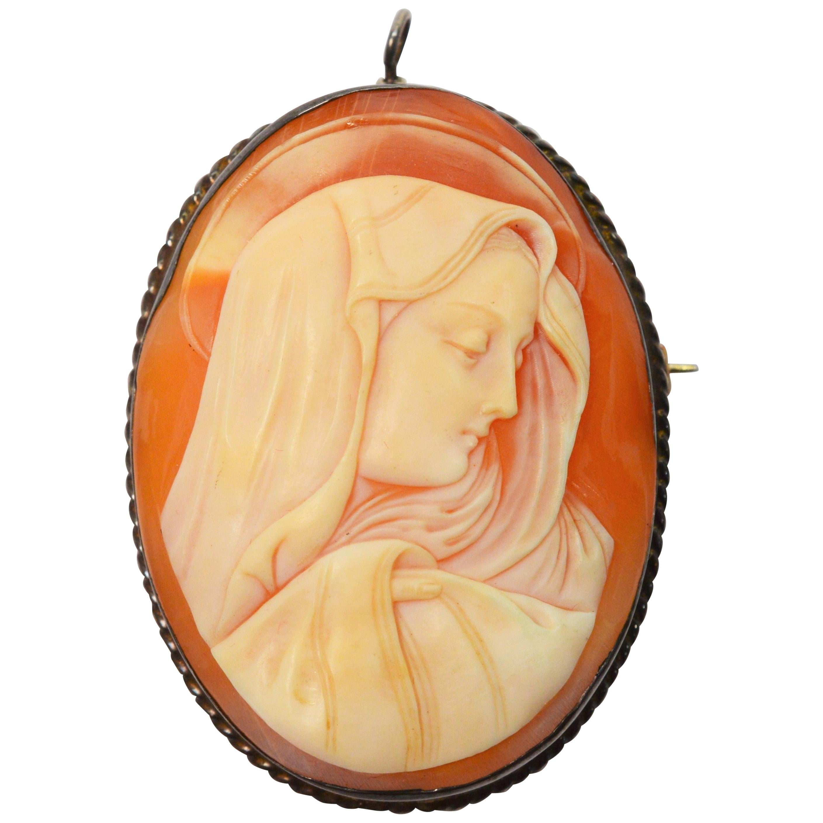 Antique Madonna Shell Sterling Silver Cameo Brooch Pendant