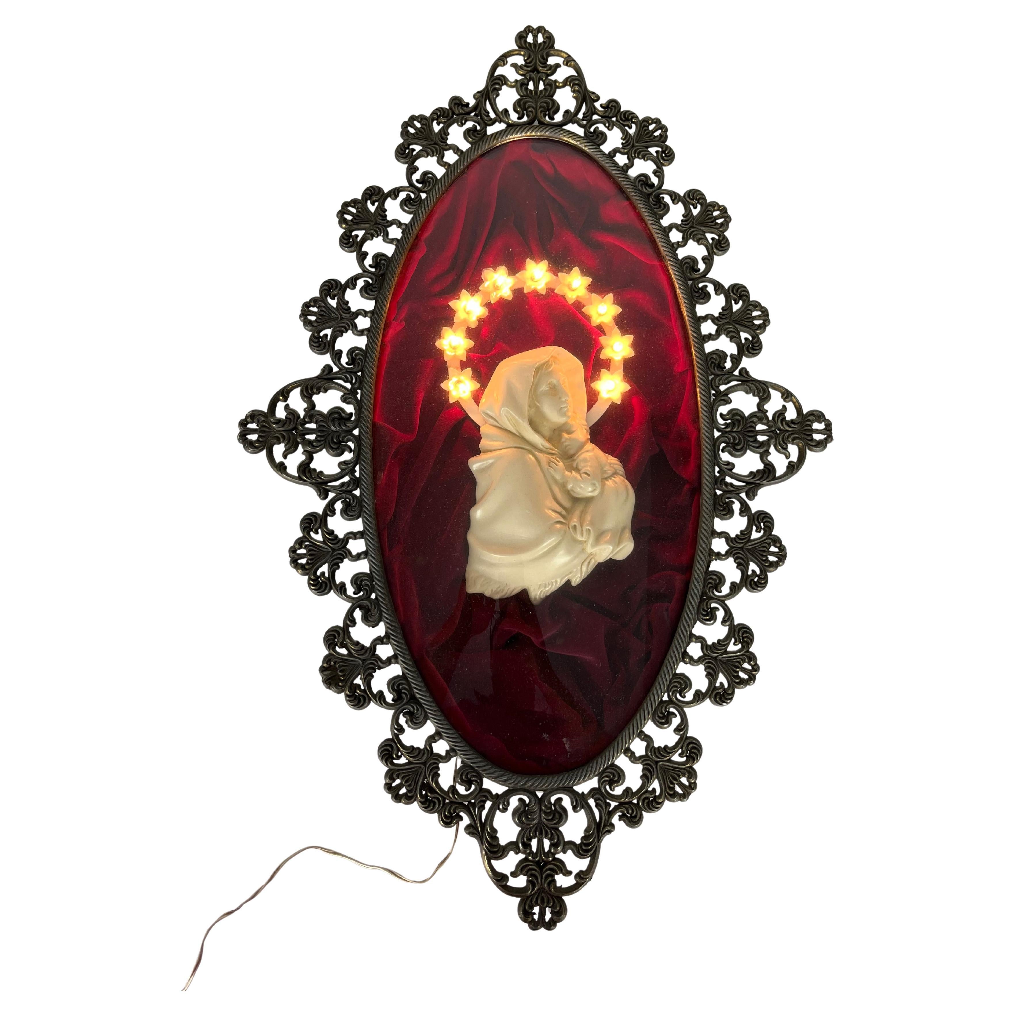 Madonna antica con cielo stellato illuminato e cornice in bronzo, anni '50 in vendita