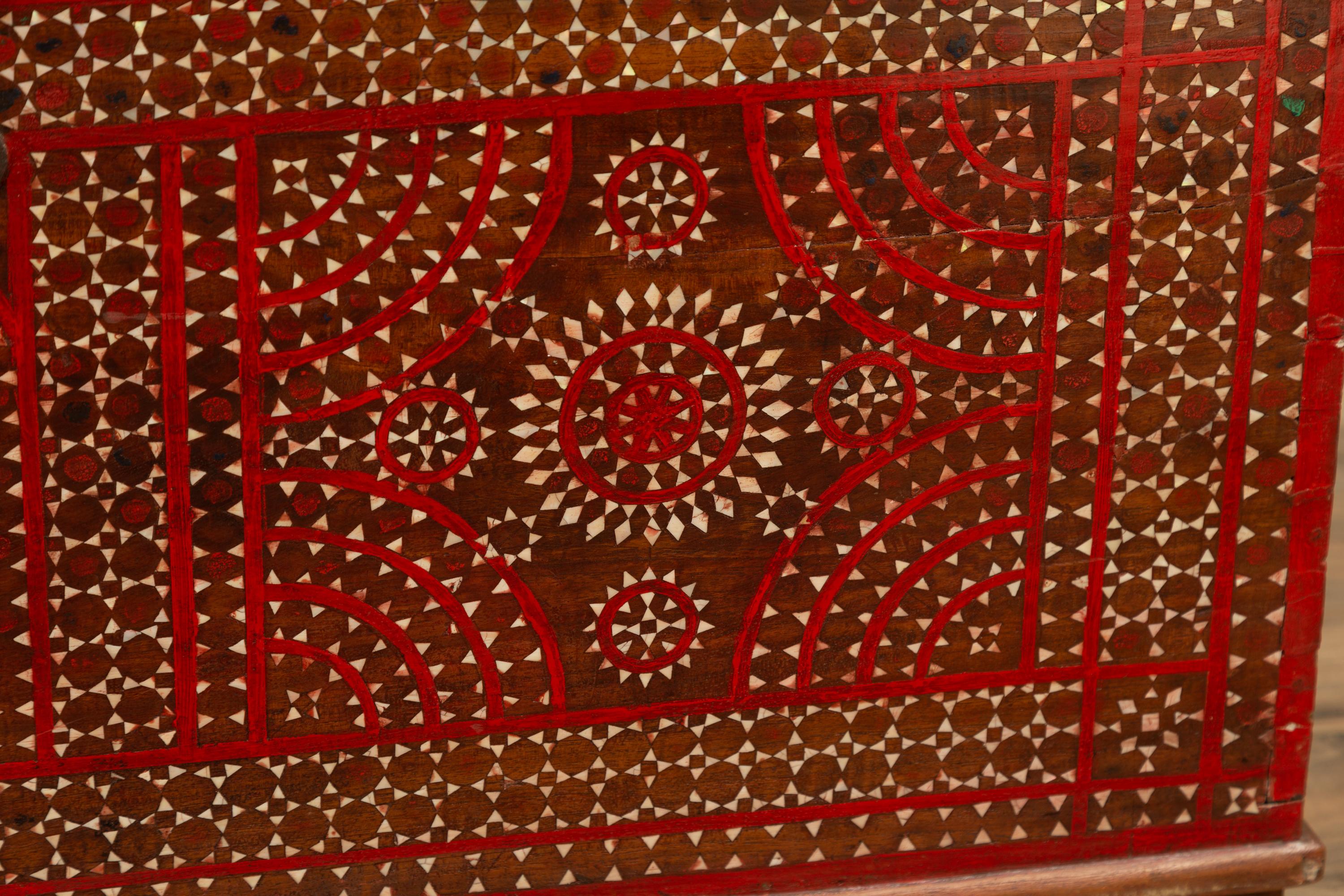 Mother-of-Pearl Antique Madura Blanket Chest with Red Geometric Decor and Inlaid Mother-of-pearl