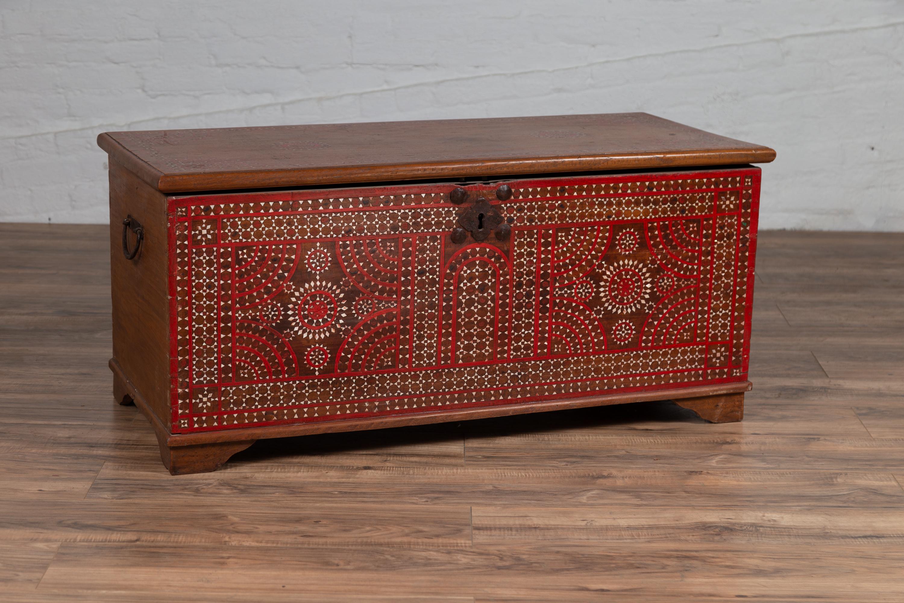 Antique Madura Blanket Chest with Red Geometric Decor and Inlaid Mother-of-pearl 2