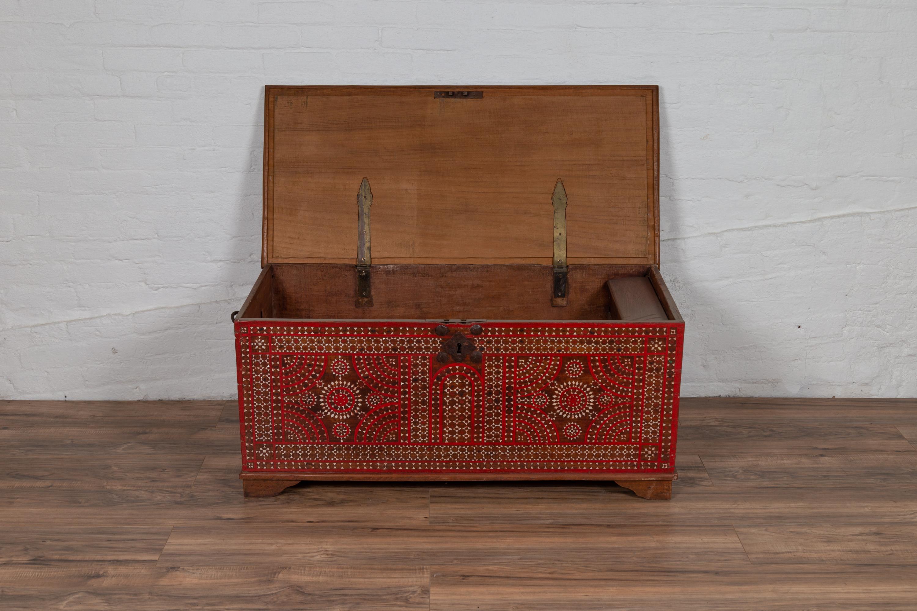 Antique Madura Blanket Chest with Red Geometric Decor and Inlaid Mother-of-pearl 4