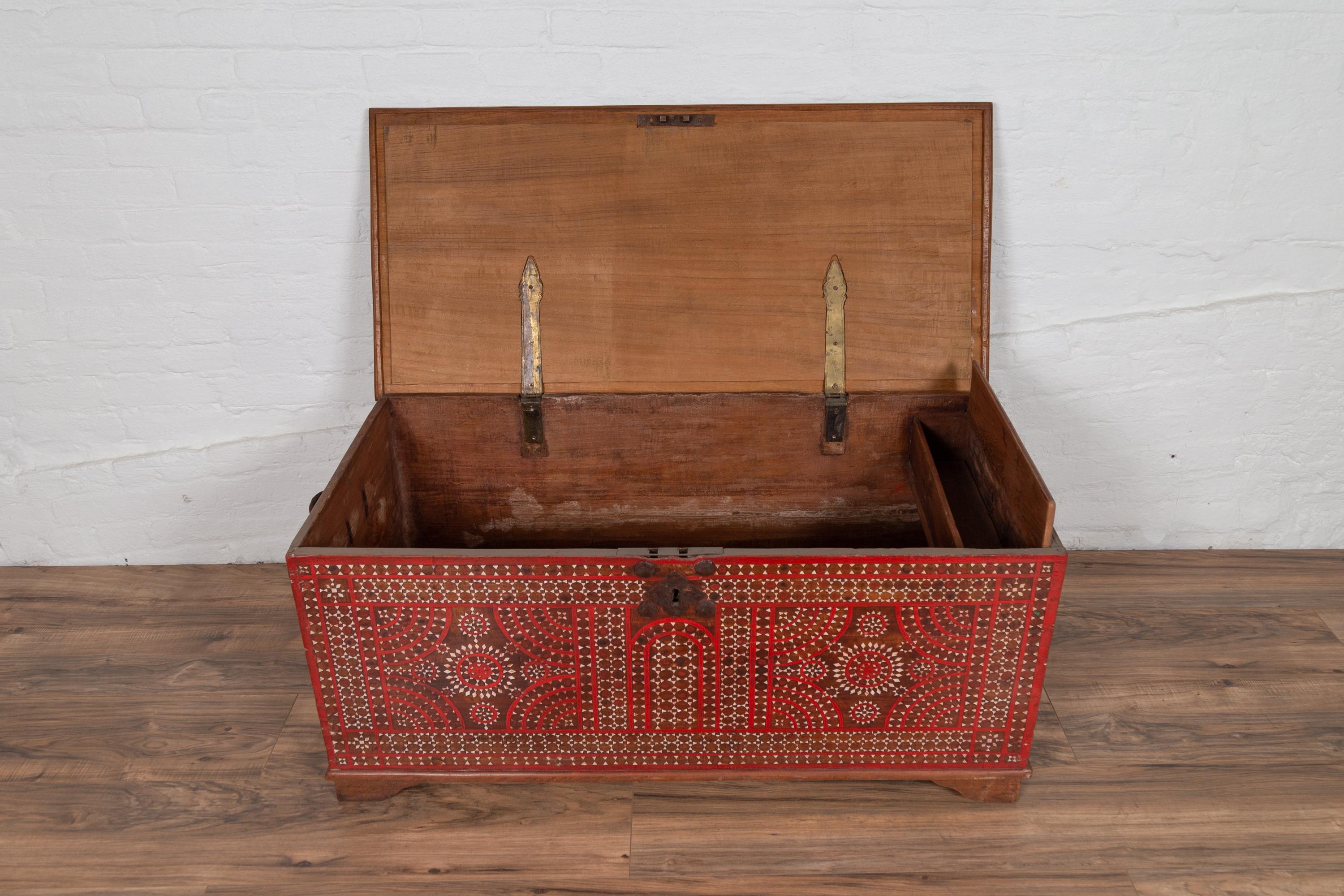 Antique Madura Blanket Chest with Red Geometric Decor and Inlaid Mother-of-pearl 5