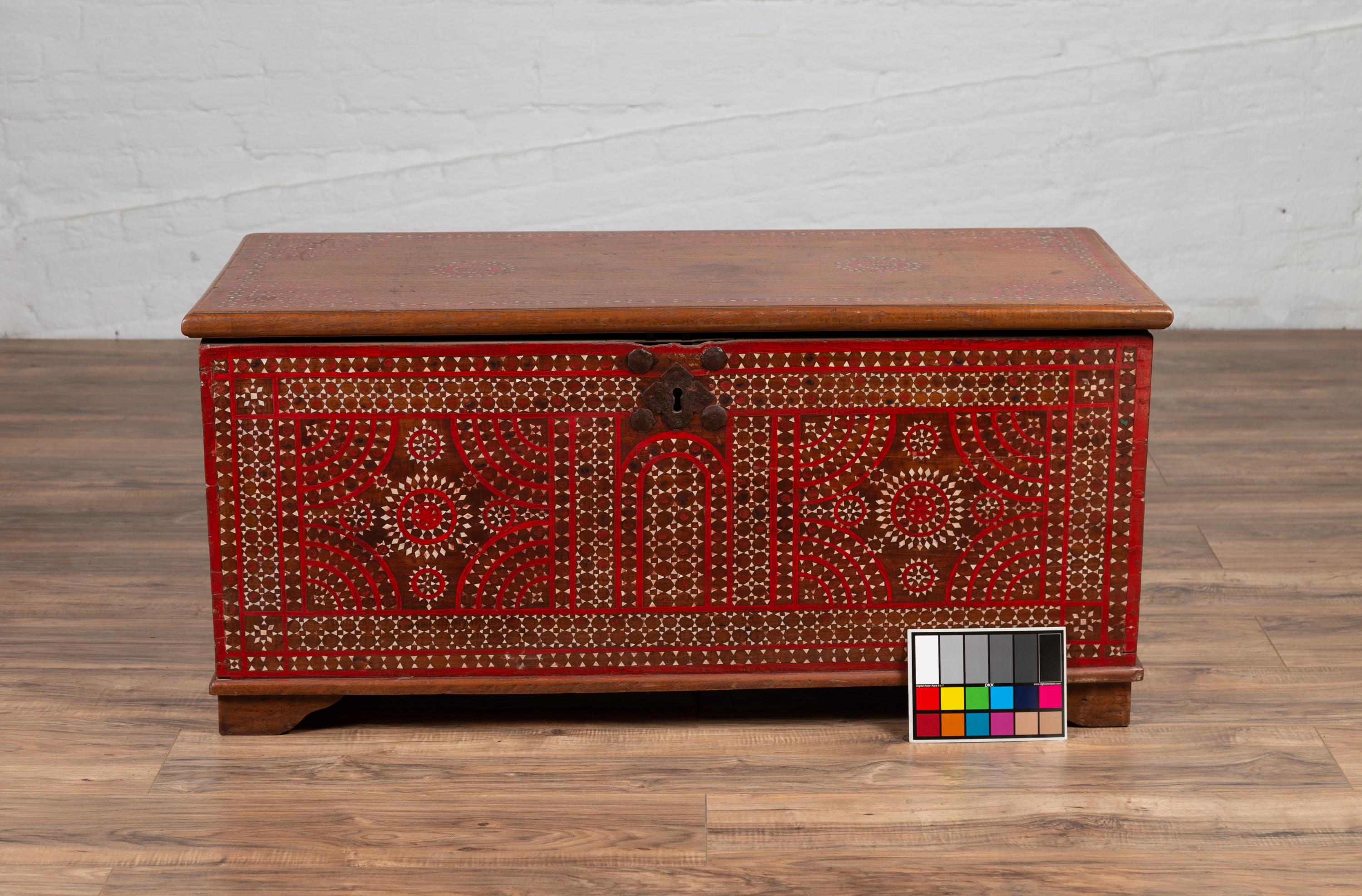Antique Madura Blanket Chest with Red Geometric Decor and Inlaid Mother-of-pearl 9
