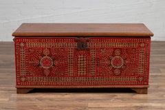 Antique Madura Blanket Chest with Red Geometric Decor and Inlaid Mother-of-pearl