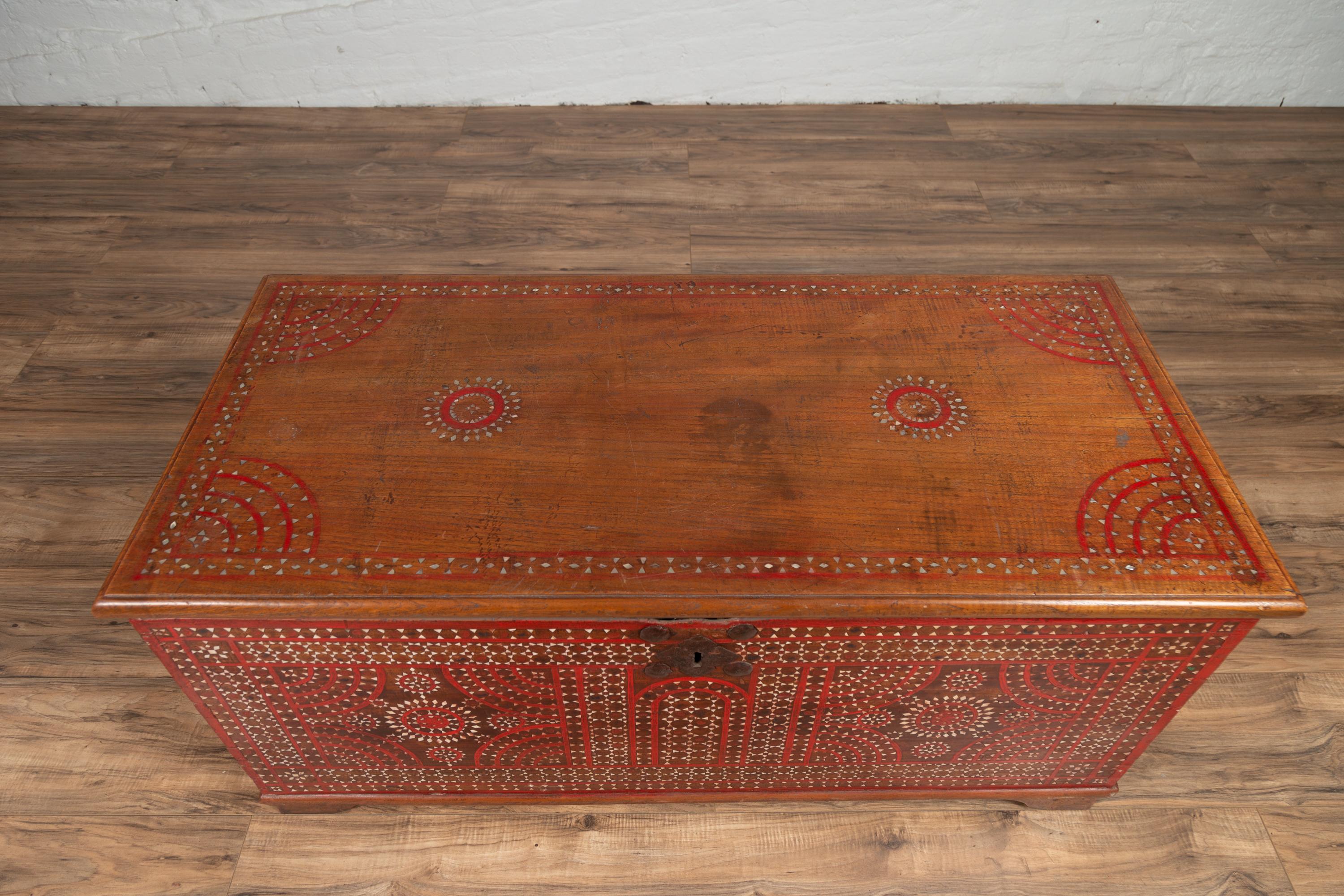 Indonesian Antique Madura Blanket Chest with Red Geometric Decor and Inlaid Mother-of-pearl