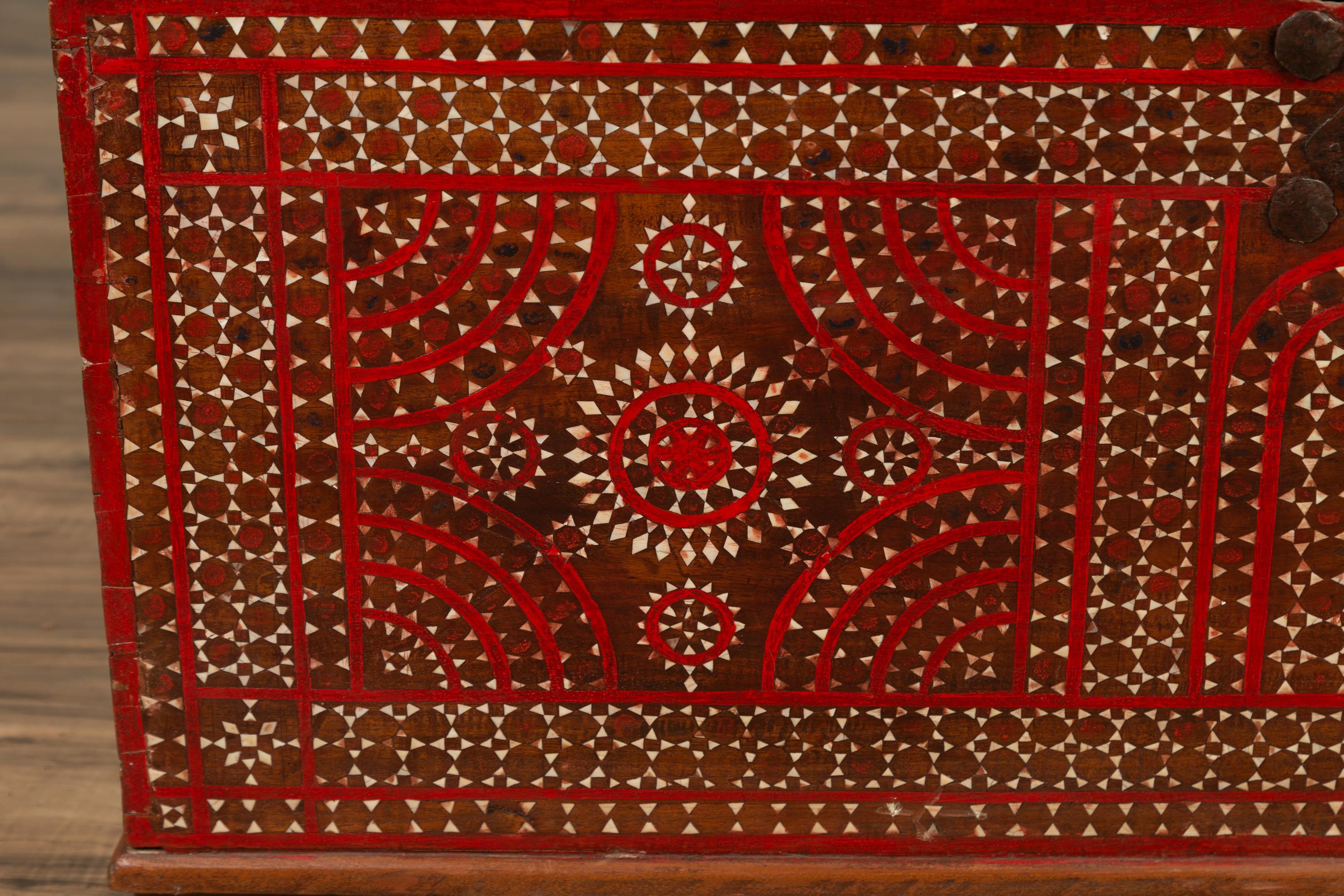 Antique Madura Blanket Chest with Red Geometric Decor and Inlaid Mother-of-pearl In Good Condition In Yonkers, NY