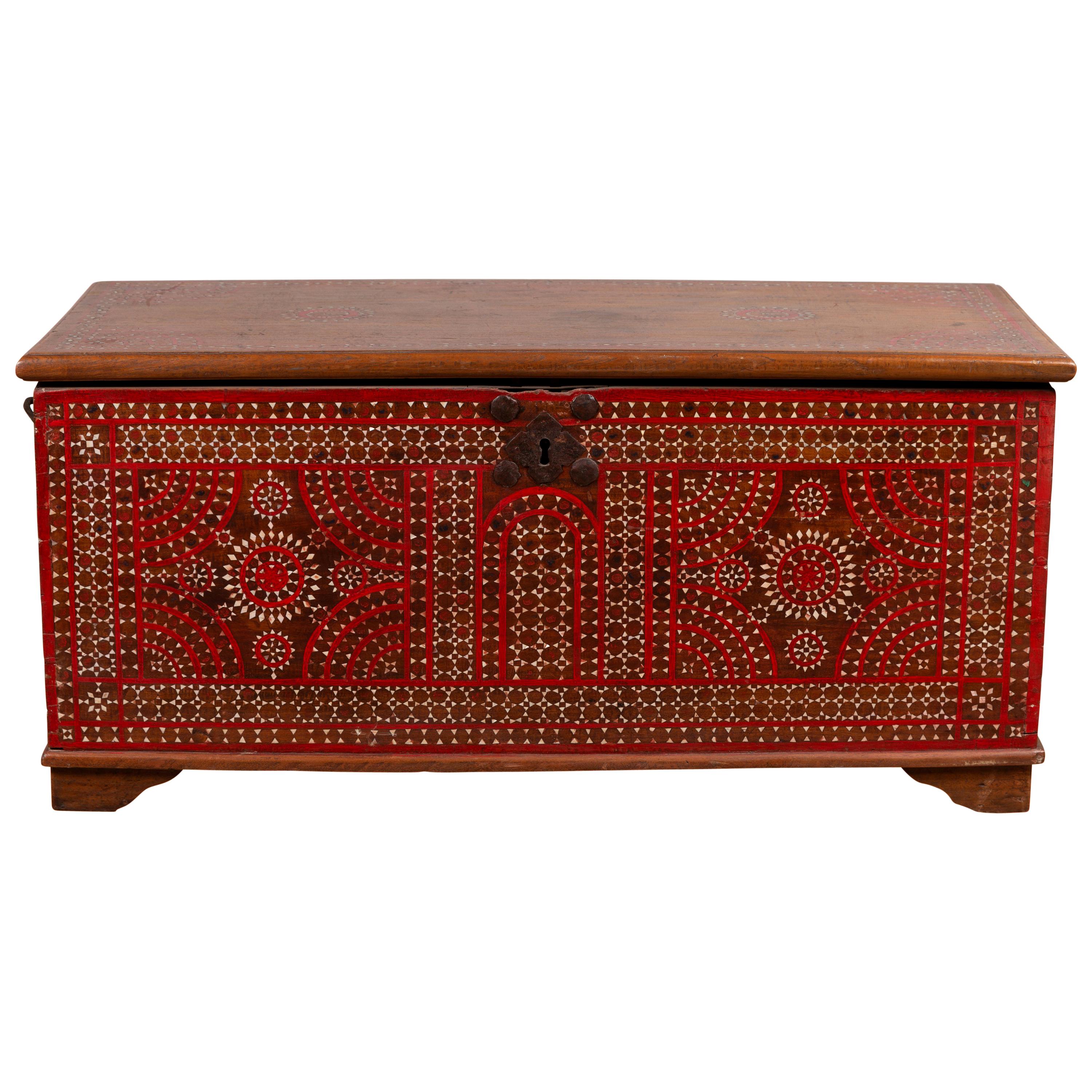 Antique Madura Blanket Chest with Red Geometric Decor and Inlaid Mother-of-pearl