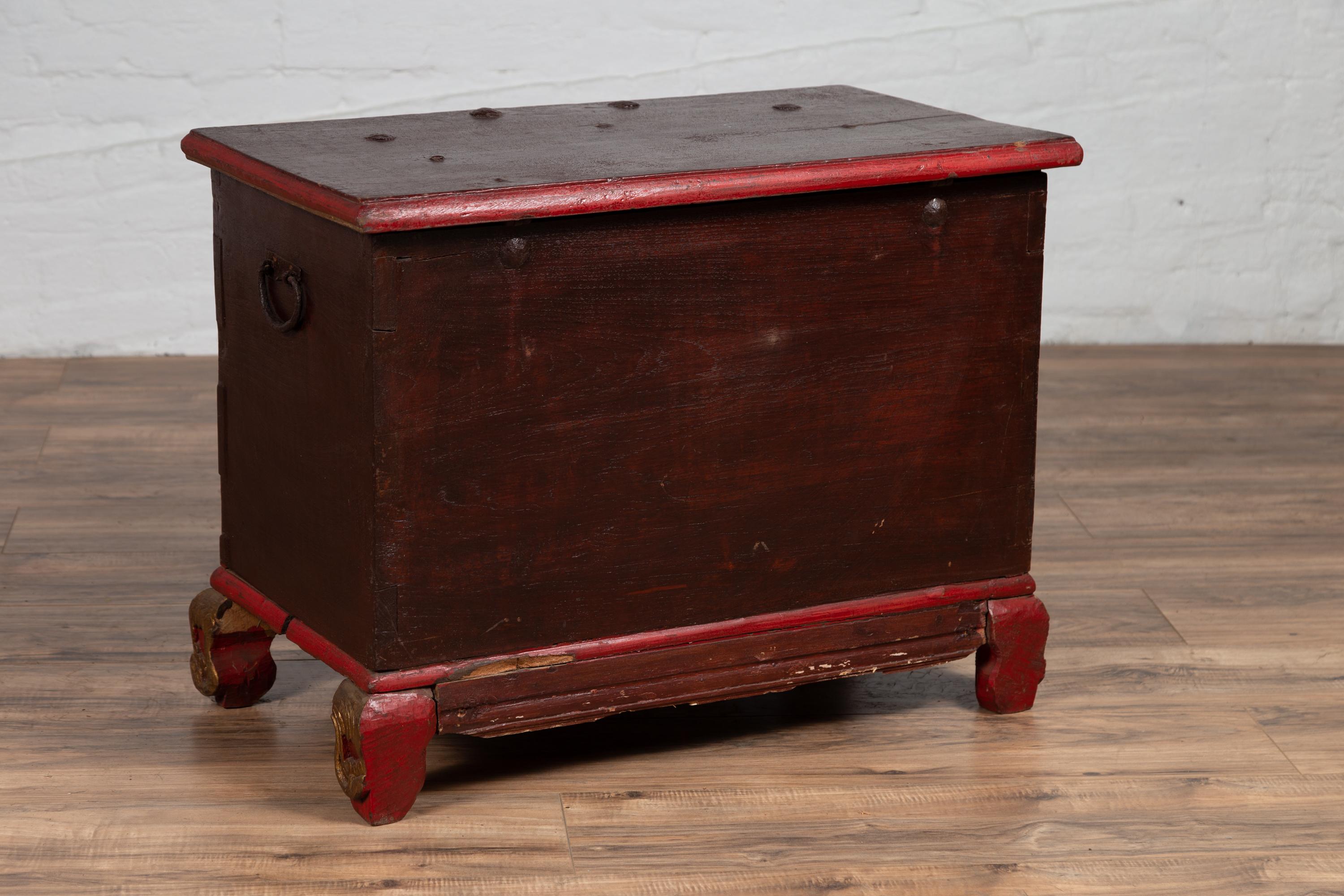 Antique Madura Hand Carved Wooden Blanket Chest with Red, Brown and Gilt Accents For Sale 7