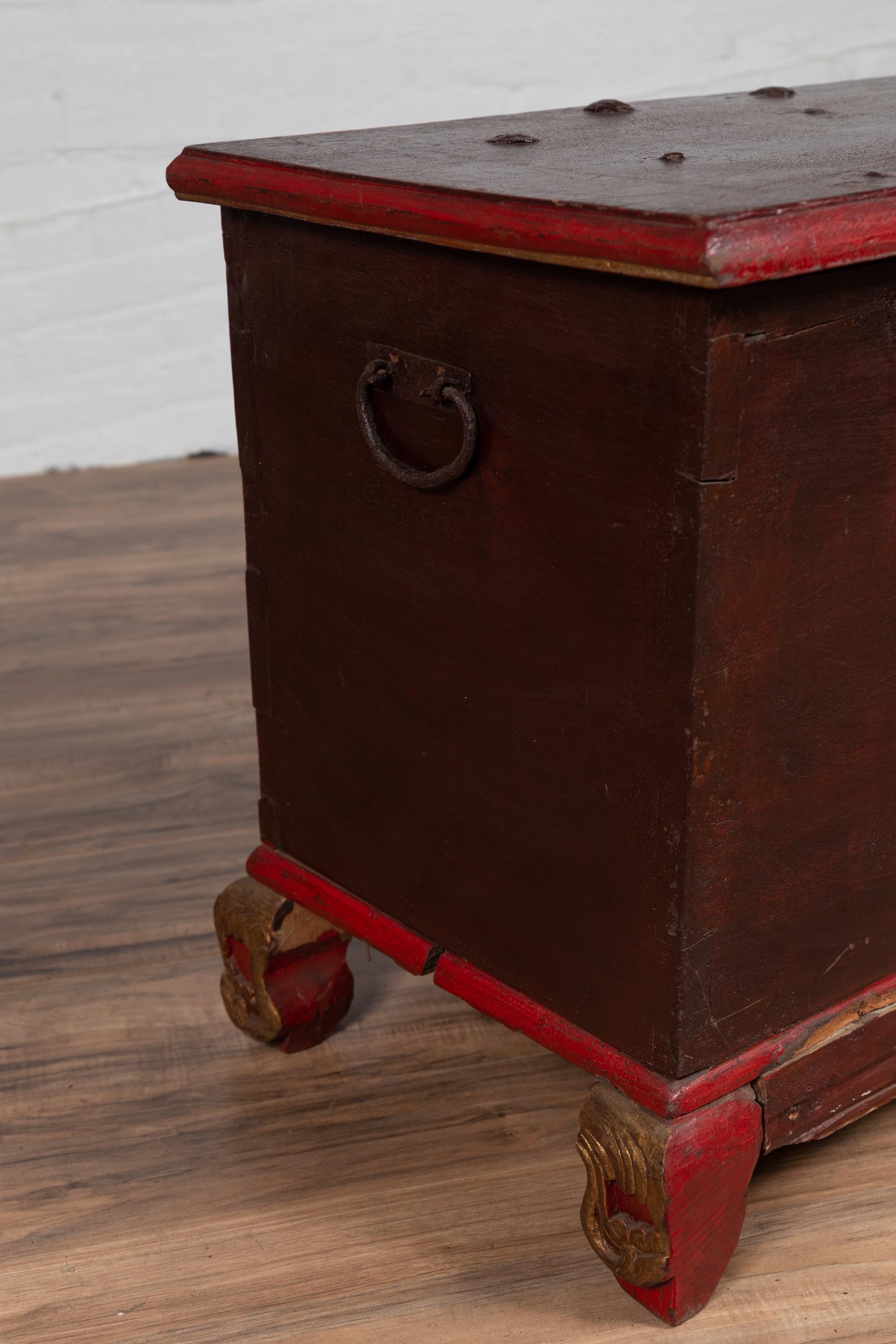 Antique Madura Hand Carved Wooden Blanket Chest with Red, Brown and Gilt Accents For Sale 10