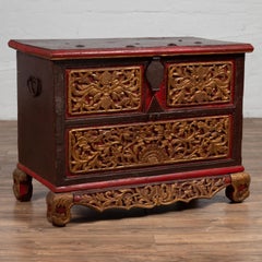 Antique Madura Hand Carved Wooden Blanket Chest with Red, Brown and Gilt Accents