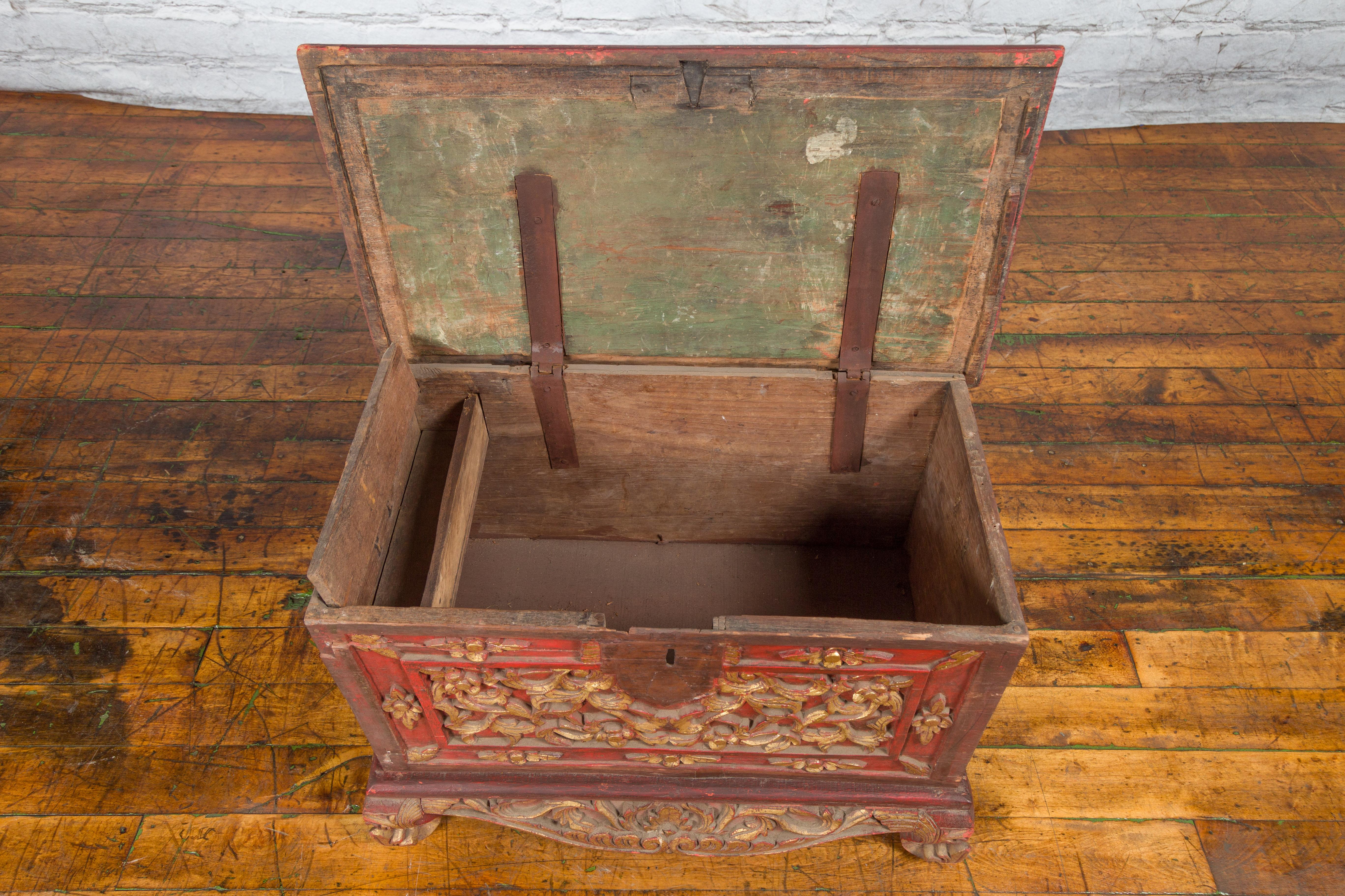 Antique Madura Hand Carved Wooden Treasure Chest with Red and Gold Décor For Sale 3