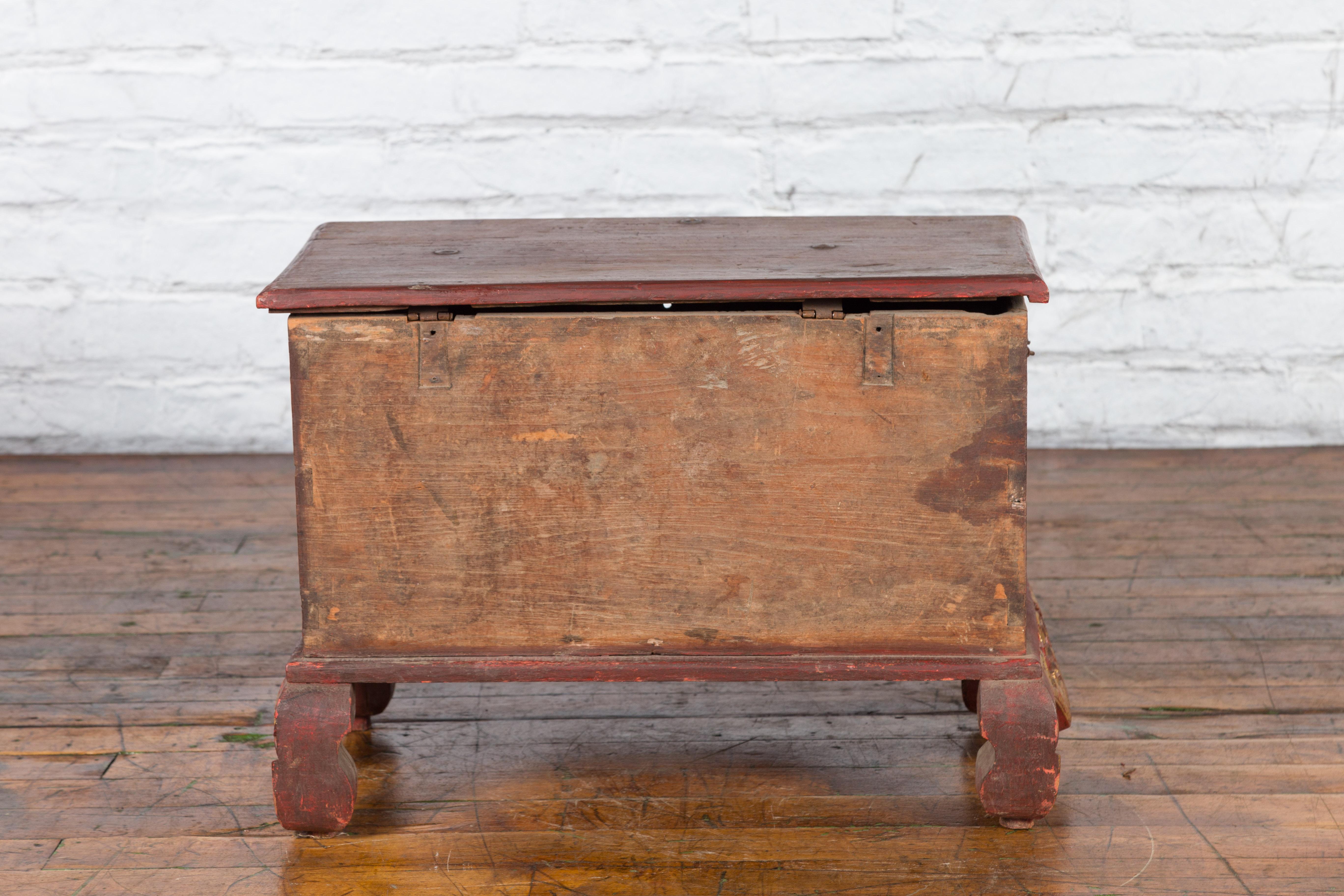 Antique Madura Hand Carved Wooden Treasure Chest with Red and Gold Décor For Sale 7