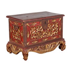 Antique Madura Hand Carved Wooden Treasure Chest with Red and Gold Décor
